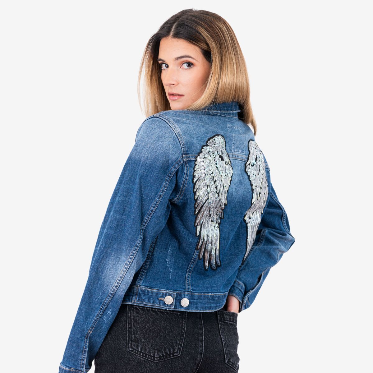 LB GtrCo Women Sequin Wing Denim Jacket Blue image number 1
