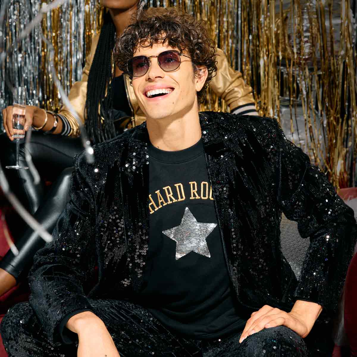 Metallic Sequins Logo Fleece Sweater in Black image number 1