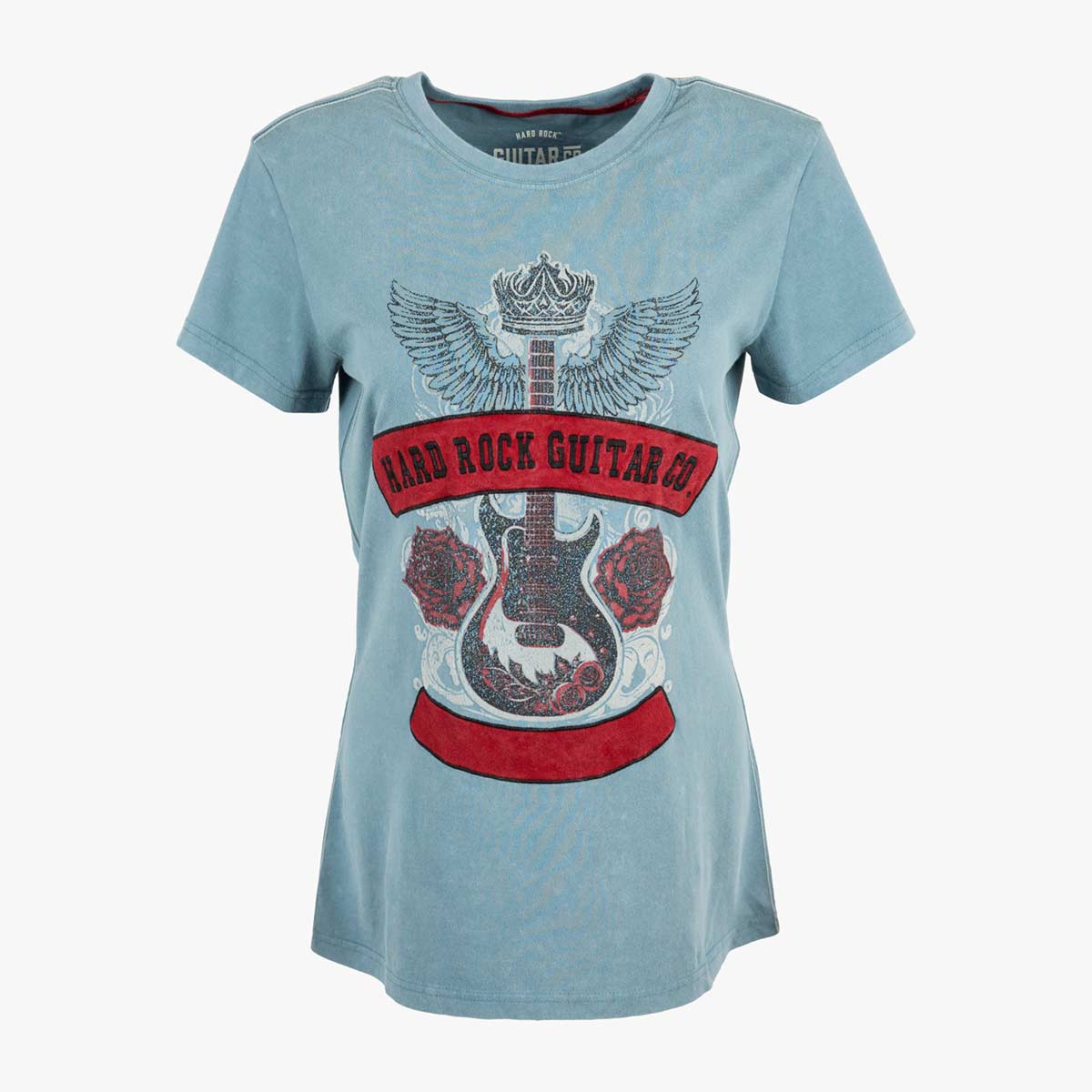 Guitar Company Ladies Fit Tee with Crown Guitar Design in Blue image number 1