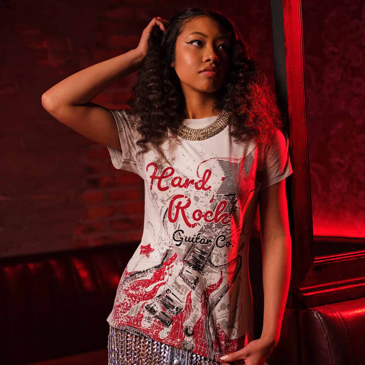 Guitar Company Ladies Fit Flames Guitar Tee in Grey image number 1