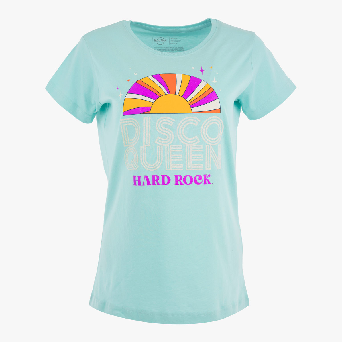 Disco Queen Ladies Fit Tee in Aqua Blue with Spectrum Design image number 1