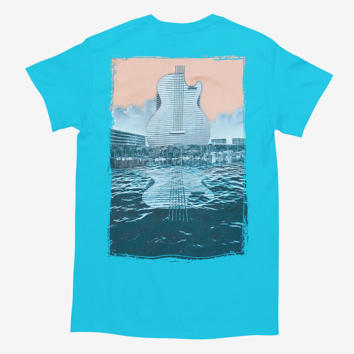 Guitar Hotel Adult Fit Tee in Aqua with Reflection Design image number 3